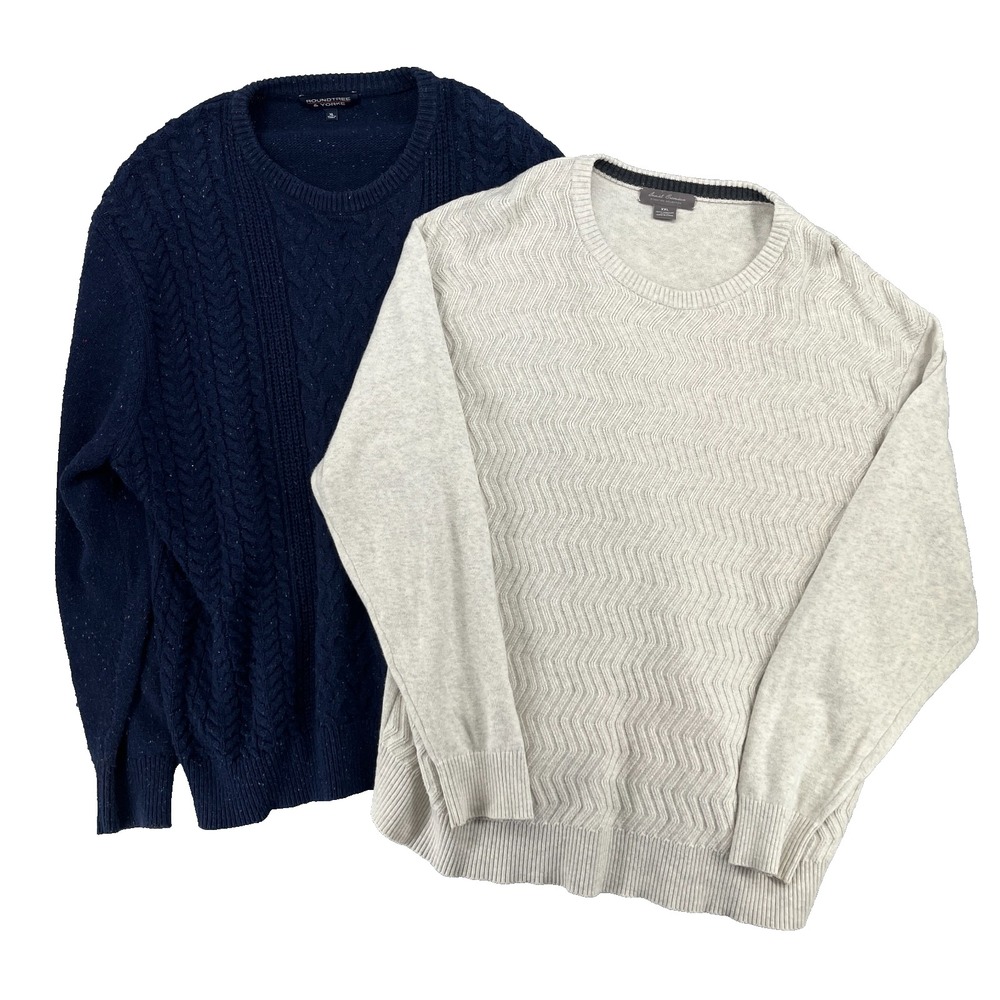 Lot of 2 Men's Cable Knit Sweaters XL/XXL Beige Navy Supima Cotton Preppy Read